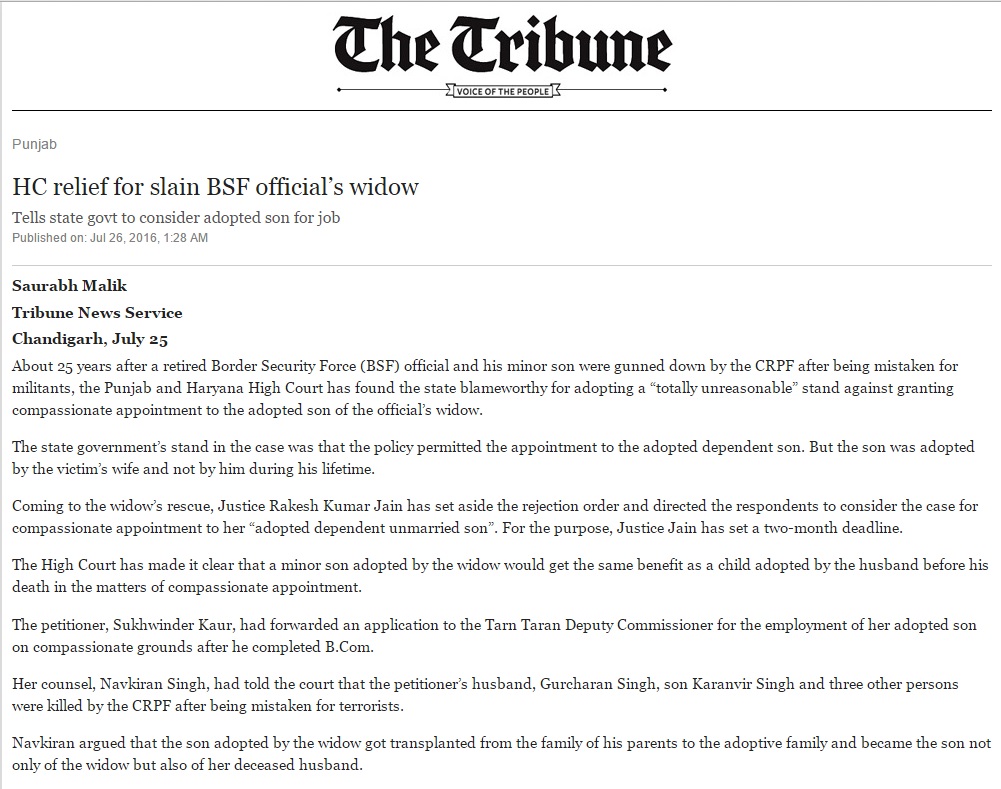 COMPASSIONATE APPOINTMENT EXTENDS TO EVEN THE CHILD ADOPTED BY THE SPOUSE AFTER THE DEATH OF THE...