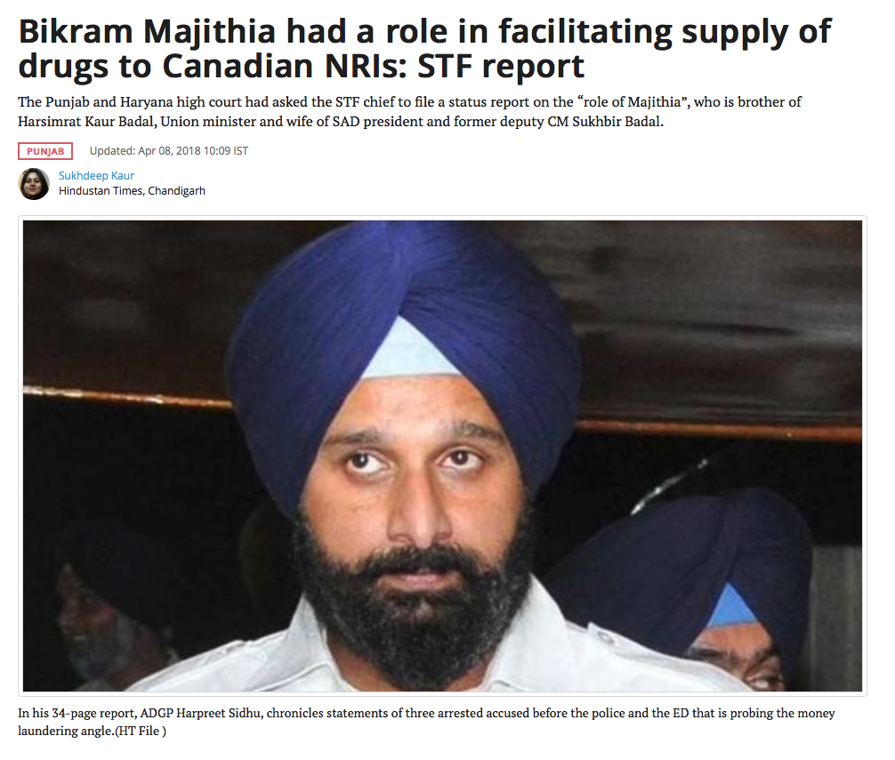 Bikram Majithia had a role in facilitating supply of drugs to Canadian NRIs- STF report