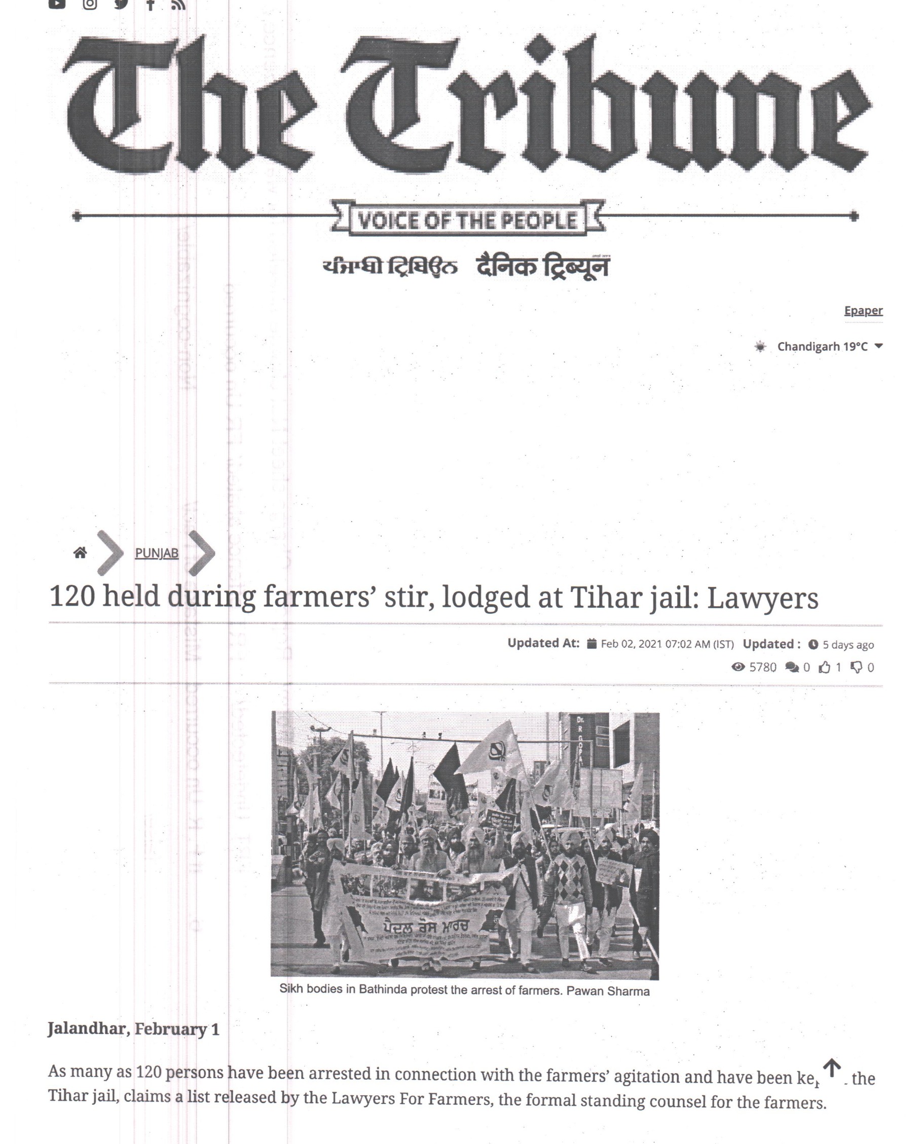 120 held during farmers’ stir, lodged at Tihar jail: Lawyers